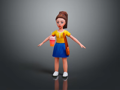 3D Girl Character With Brown Ponytail Yellow Shirt Blue Skirt Holding Orange Cup And Pink Cream 3d model
