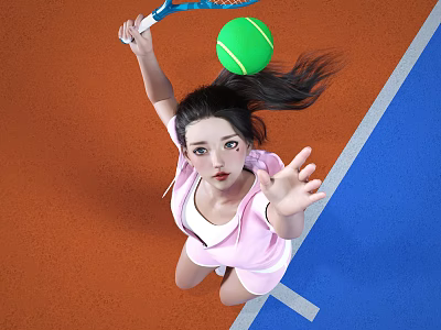 Woman Preparing To Hit Green Tennis Ball With Racket On Orange Blue Court In Pink Outfit 3d model