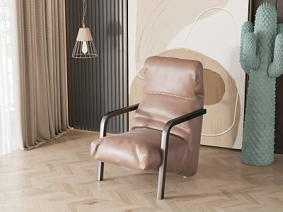 Light Brown Leather Armchair With Black Metal Armrests On Herringbone Wooden Floor And Beige Curtains 3d model