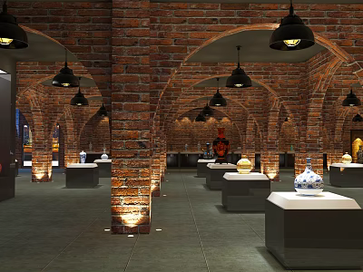 Interior Of Exhibition Hall With Red Brick Arches Black Pendant Lights And Porcelain Displays 3d model