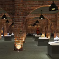 Interior Of Exhibition Hall With Red Brick Arches Black Pendant Lights And Porcelain Displays