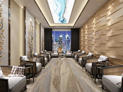Hotel Public Lounge With Wooden Wall Panels Artistic Ceiling And City View Windows 3d model