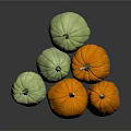 Fresh Green And Orange Pumpkins Grouped Together On Dark Reflective Surface 3d model