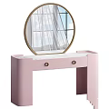 Modern Beige Dressing Table Featuring Gold Frame Round Mirror Reflecting Window View And Drawers 3d model
