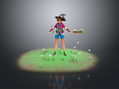 Woman in Witch Hat Holding Book Standing on Grass with Small Flowers and Floating Lights 3d model