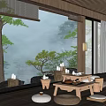 Tranquil Misty Mountain Teahouse With Wooden Terrace Pine Trees Hanging Lanterns And Tea Sets