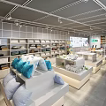 Modern Supermarket General Merchandise Store With Shelves Pillows And Neat Display Layout