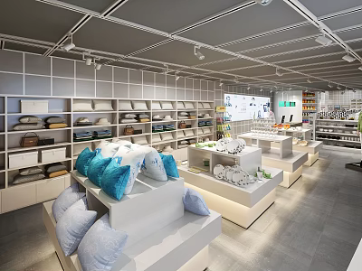 Modern Supermarket General Merchandise Store With Shelves Pillows And Neat Display Layout 3d model