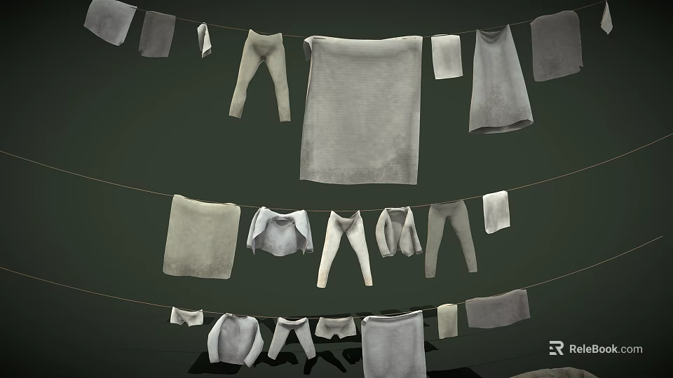 Light Gray Apparel Hanging on Ropes Including Pants Towels and Tops 3d model 