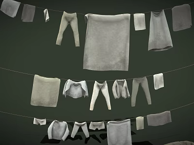 Light Gray Apparel Hanging on Ropes Including Pants Towels and Tops 3d model