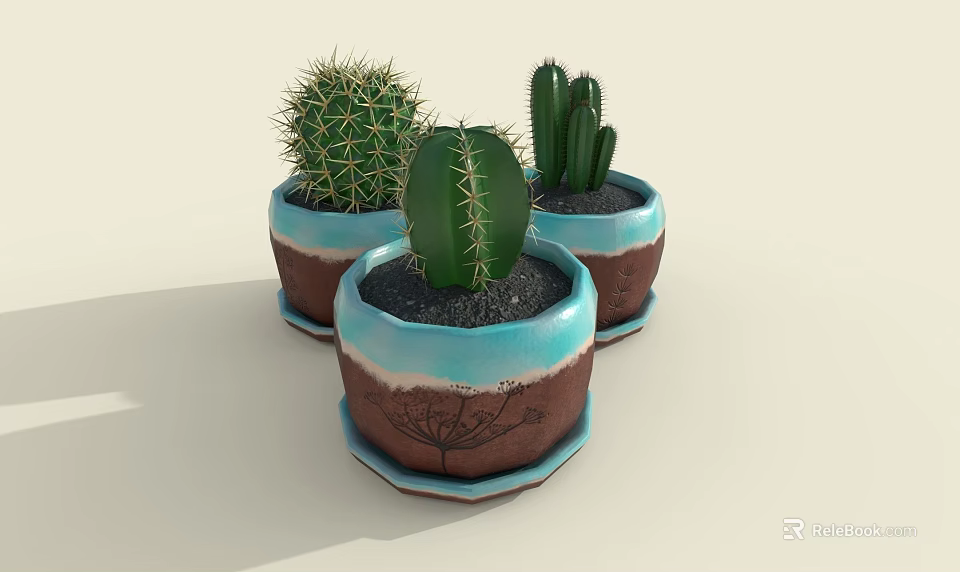 Three Indoor Decorative Cactus Bonsai Plants in Blue Brown Ceramic Pots with Patterns 3d model 