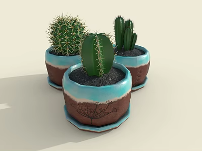 Three Indoor Decorative Cactus Bonsai Plants in Blue Brown Ceramic Pots with Patterns 3d model