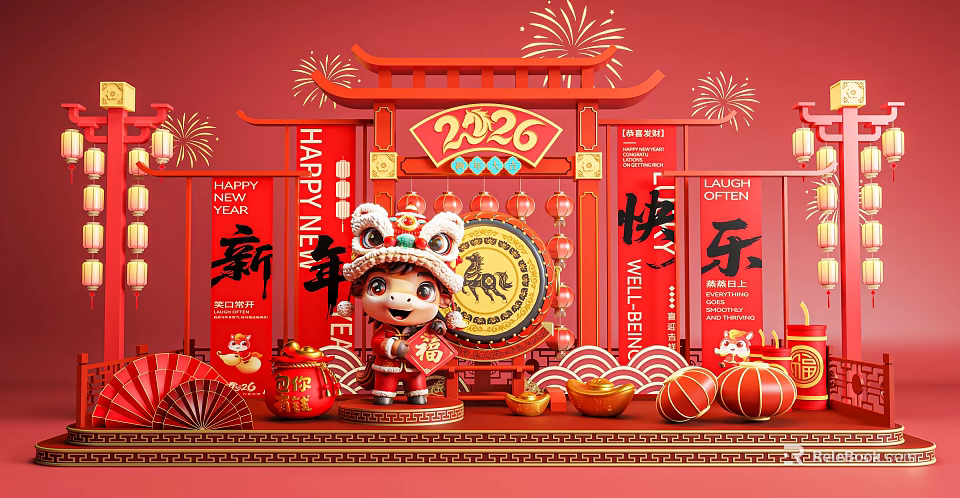 2026 Chinese New Year Photo Spot With Lion Dance Figure Lanterns And Fireworks 3d model 
