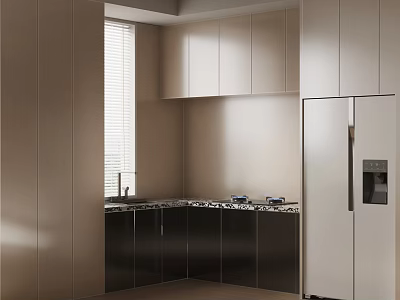 Modern Kitchen Interior With Light And Dark Cabinets Marble Countertop And Refrigerator 3d model