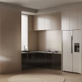 Modern Kitchen Interior With Light And Dark Cabinets Marble Countertop And Refrigerator
