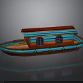 Colorful Small Wooden Water Transport Boat With Red Blue Cabin And Windows