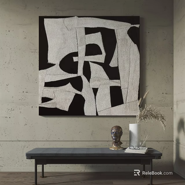 Abstract Painting Black and White Geometric Textured Canvas on Gray Wall With Sculpture Vase Decor 3d model 