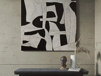 Abstract Painting Black and White Geometric Textured Canvas on Gray Wall With Sculpture Vase Decor 3d model
