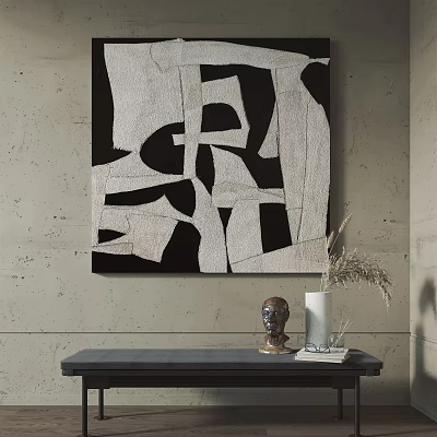 Abstract Painting Black and White Geometric Textured Canvas on Gray Wall With Sculpture Vase Decor 3d model