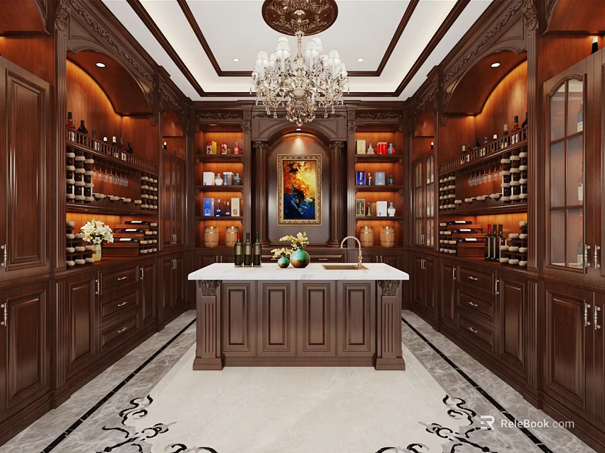 Luxury Wine Cellar Interior Design With Wooden Racks White Island And Chandelier 3d model 