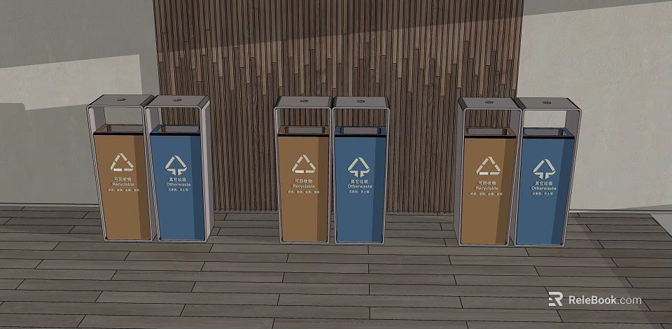 Public Recycling Bins With Metal Frames And Waste Sorting Symbols In Public Area 3d model 