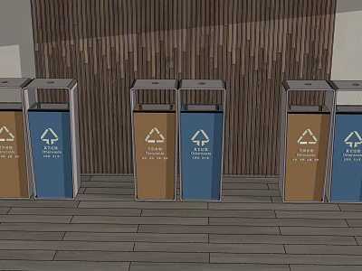Public Recycling Bins With Metal Frames And Waste Sorting Symbols In Public Area 3d model