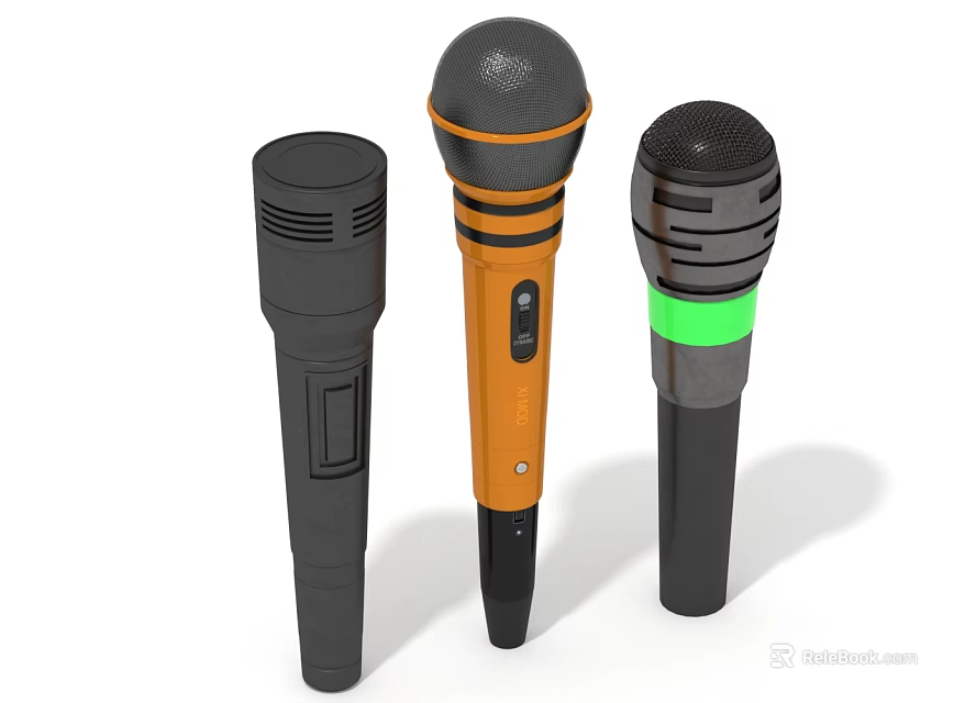 Three Various Design Microphones With Orange Black And Green Color Accents 3d model 