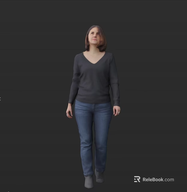A Woman Standing Against Black Background Wearing Dark Gray V Neck Sweater And Blue Jeans 3d model 