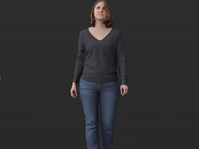 A Woman Standing Against Black Background Wearing Dark Gray V Neck Sweater And Blue Jeans 3d model