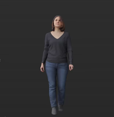 A Woman Standing Against Black Background Wearing Dark Gray V Neck Sweater And Blue Jeans 3d model