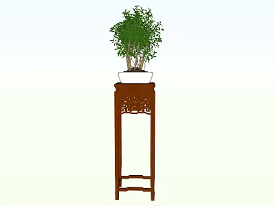 Wooden Plant Stand With Carved Details Holding Potted Green Plant Decor 3d model