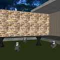 Outdoor Lights On Green Lawn With Modern Twisted Spherical Design Patio Stone Wall Illuminated Evening
