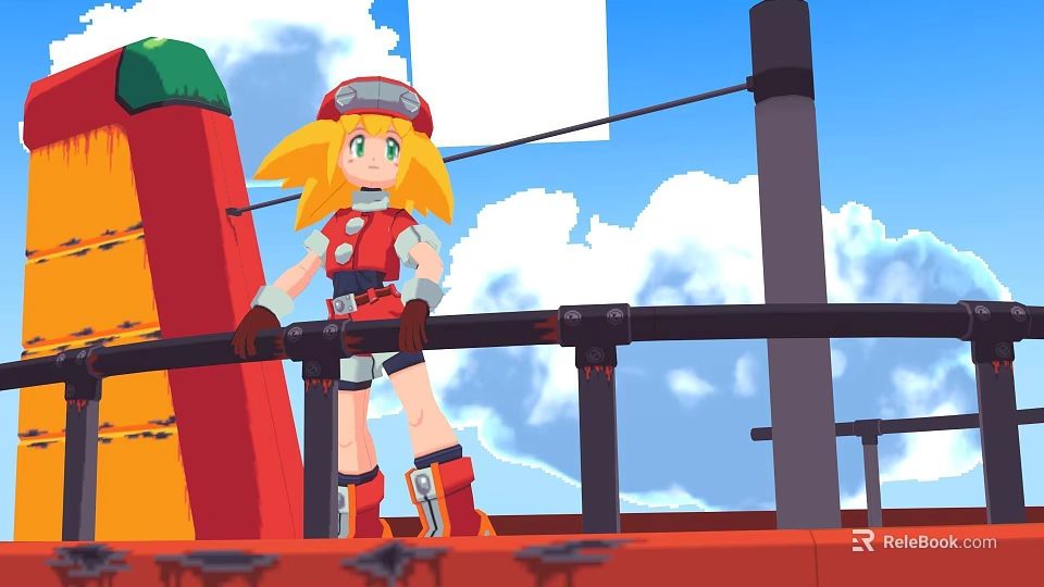 Game Character With Yellow Hair Red Cap And Goggles Standing On Metal Railing Blue Sky 3d model 