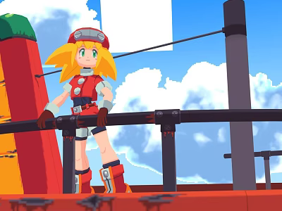 Game Character With Yellow Hair Red Cap And Goggles Standing On Metal Railing Blue Sky 3d model