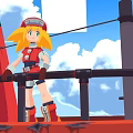 Game Character With Yellow Hair Red Cap And Goggles Standing On Metal Railing Blue Sky