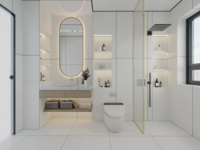 Modern Bathroom Interior With Oval Mirror Toilet Shelves Gold Accents And White Tiles 3d model