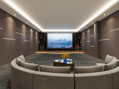 Modern KTV Room Interior With Curved Sofa City View Screen Sound System And Recessed Lighting 3d model