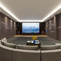 Modern KTV Room Interior With Curved Sofa City View Screen Sound System And Recessed Lighting