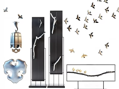 Elegant Modern Decorative Ornament Set Featuring Bird Ornaments And Branch Designs On Metal Stands 3d model