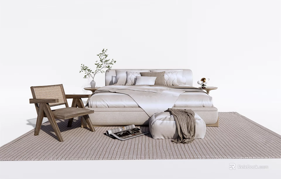 Light Colored Double Bed With Bedding Side Table Plants Woven Chair And Rug 3d model 