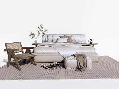 Light Colored Double Bed With Bedding Side Table Plants Woven Chair And Rug 3d model