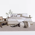 Light Colored Double Bed With Bedding Side Table Plants Woven Chair And Rug