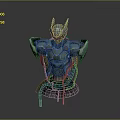 Futuristic Mechanical Character Bust Featuring Metallic Armor Blue Glowing Elements And Detailed Base