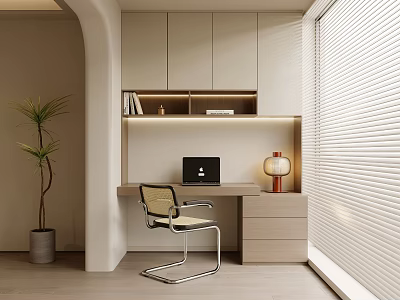 Modern Balcony Home Workspace With Desk Black Laptop Copper Lamp Green Plant And White Blinds 3d model
