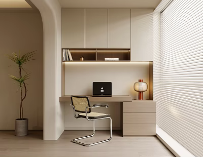 Modern Balcony Home Workspace With Desk Black Laptop Copper Lamp Green Plant And White Blinds 3d model