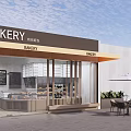 Modern Bakery Storefront with Glass Doors Wooden Accents and Outdoor Seating Area