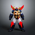 Red Blue And Gold Mecha Robot Character With Golden Horns And Chest Armor