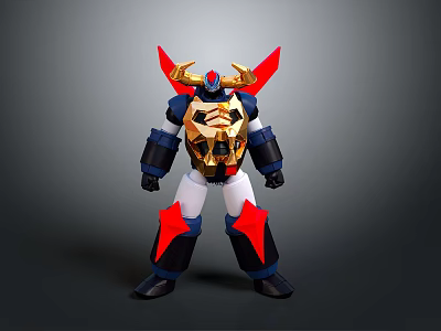 Red Blue And Gold Mecha Robot Character With Golden Horns And Chest Armor 3d model