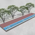 Road Infrastructure Featuring Red Pavement Blue Lane Trees And Railing