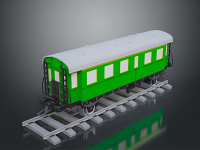 Green and White Model Train Carriage on Detailed Railway Track 3d model